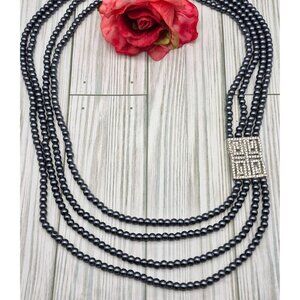 NWT Dark Gray Faux Pearl Mutli Strand Bead Necklace Long Layered Crystal Accent